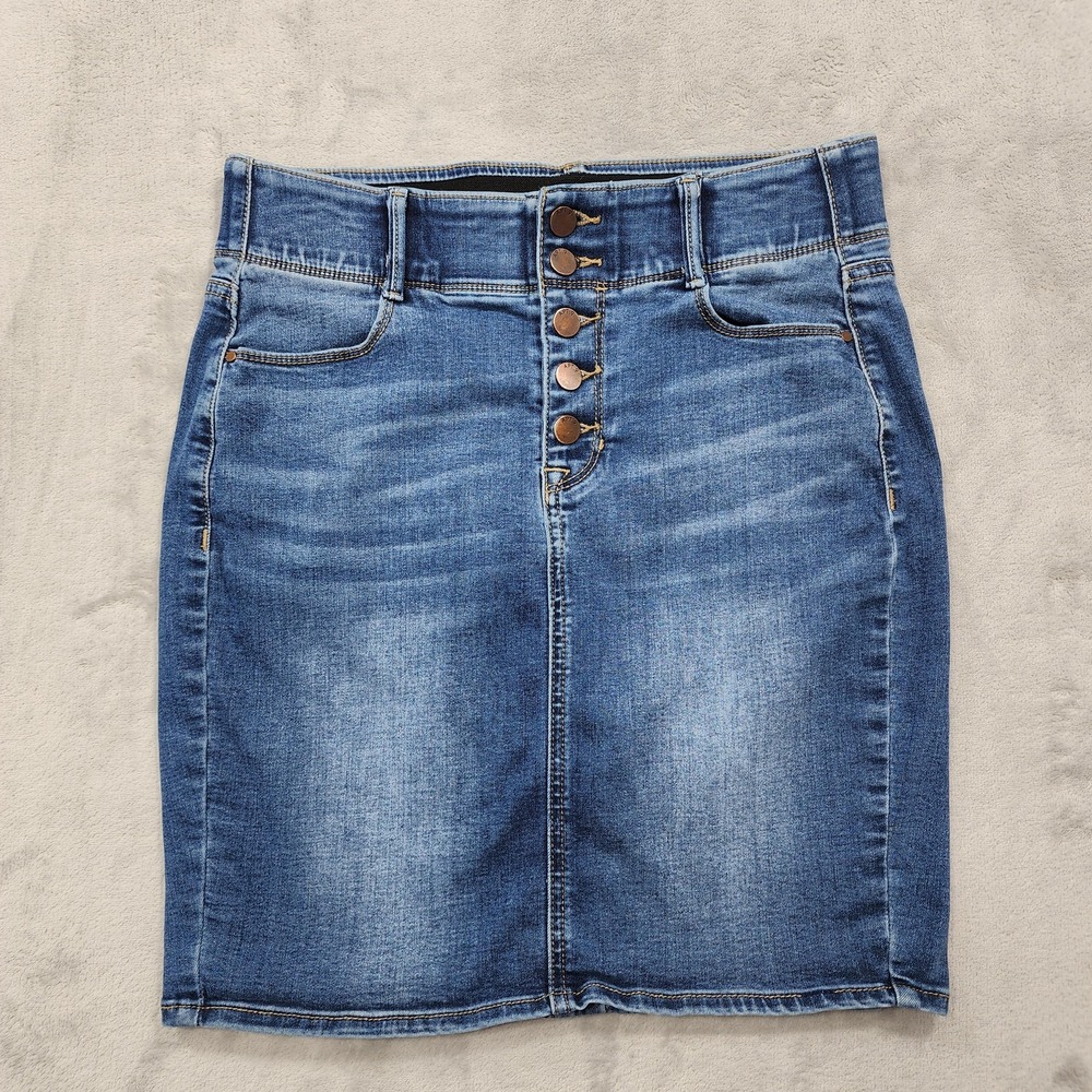 APT.9 Skirt Womens 8 Blue Denim High Waist Pencil Button Front Mini Stretch